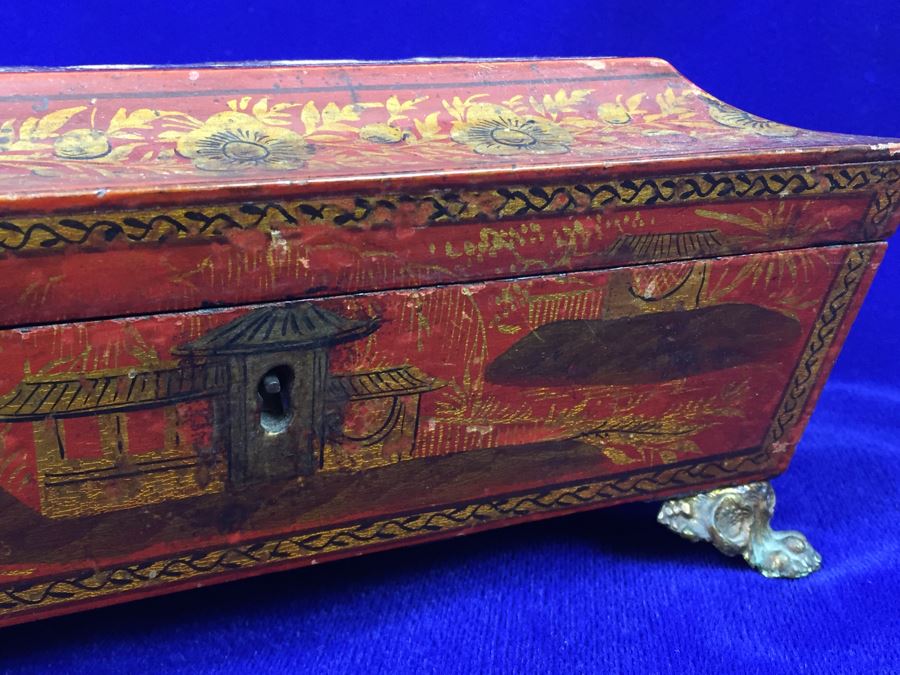 Old Asian Laquer Hand Painted Footed Box Don't Have Key [Photo 12]