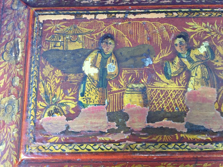 Old Asian Laquer Hand Painted Footed Box Don't Have Key [Photo 5]