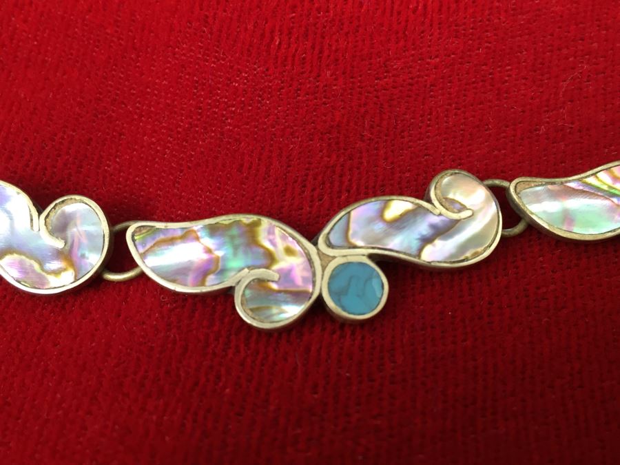 Sterling Silver Bracelet With Mother Of Pearl And Turquoise Inlay Signed EK 13g [Photo 2]