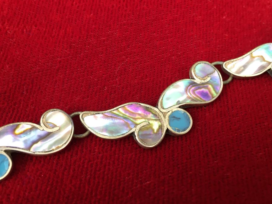Sterling Silver Bracelet With Mother Of Pearl And Turquoise Inlay Signed EK 13g [Photo 6]