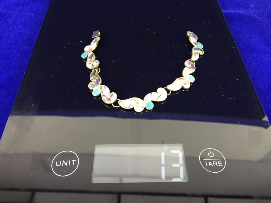 Sterling Silver Bracelet With Mother Of Pearl And Turquoise Inlay Signed EK 13g [Photo 11]
