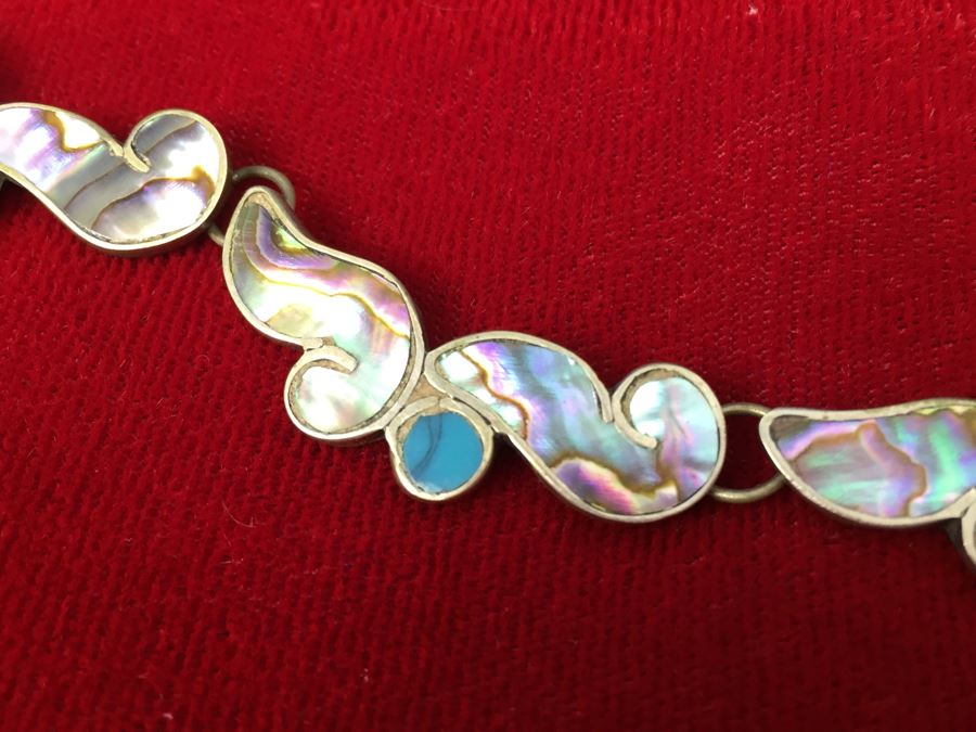 Sterling Silver Bracelet With Mother Of Pearl And Turquoise Inlay Signed EK 13g [Photo 4]