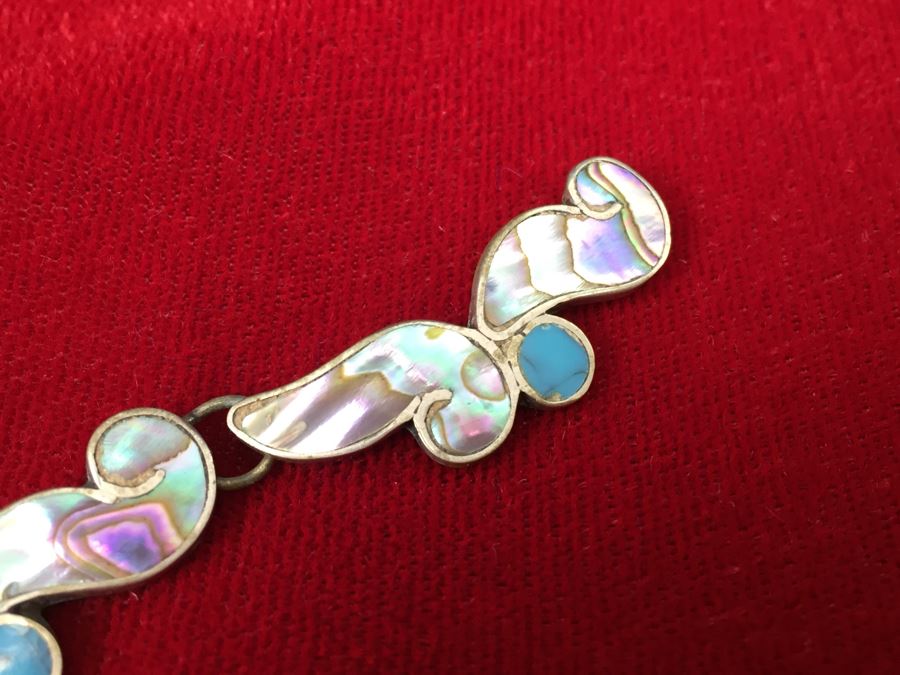 Sterling Silver Bracelet With Mother Of Pearl And Turquoise Inlay Signed EK 13g [Photo 7]