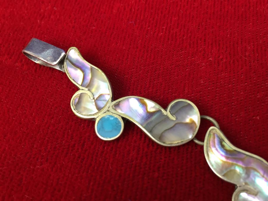 Sterling Silver Bracelet With Mother Of Pearl And Turquoise Inlay Signed EK 13g [Photo 5]