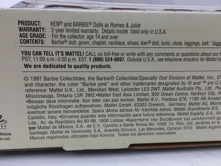 Limited Edition Ken & Barbie As Romeo & Juliet Mattel 19364 New In Box Vintage 1997 [Photo 13]