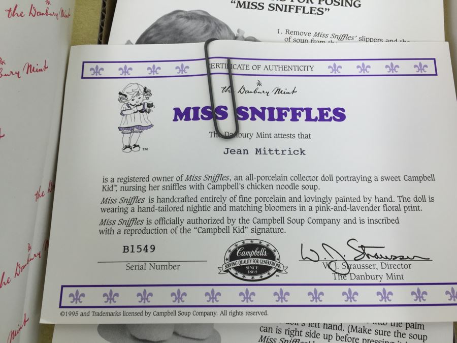 Campbell Kids 'Miss Sniffles' Vintage 1995 Danbury Mint New In Box [Photo 5]