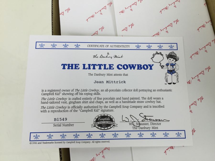 Campbell Kids 'Little Cowboy' Vintage 1997 Danbury Mint New In Box [Photo 7]