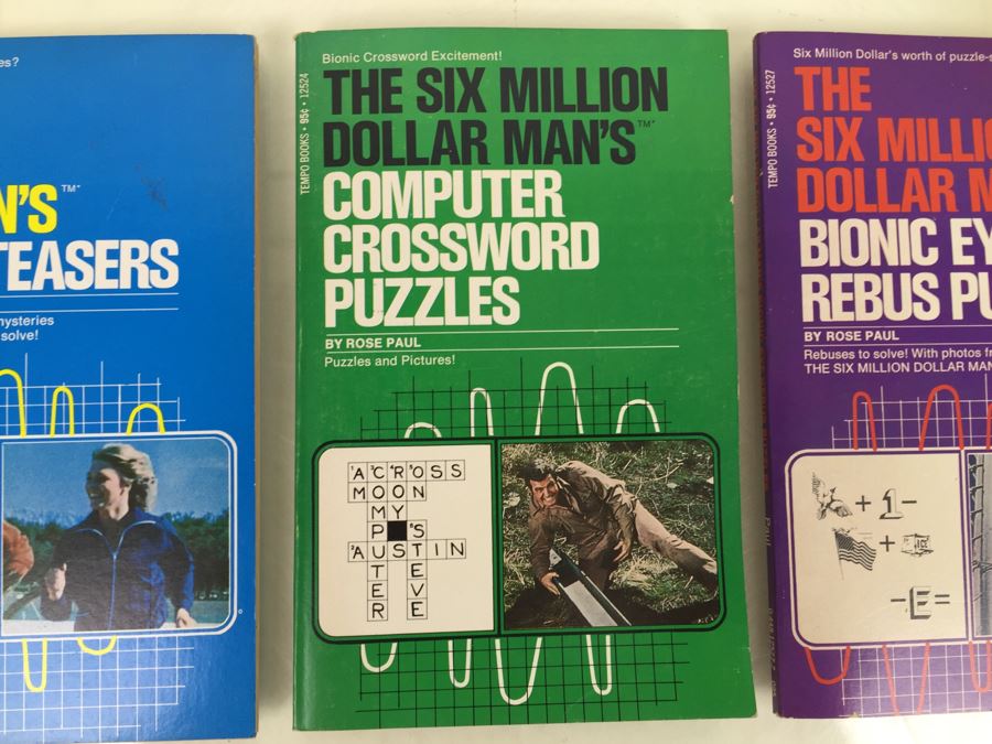 The Six Million Dollar Man Bionic Eye Rebus Puzzles + Computer Crossword Puzzles + The Bionic Woman's Brain Teasers Tempo Books Vintage 1976 [Photo 6]
