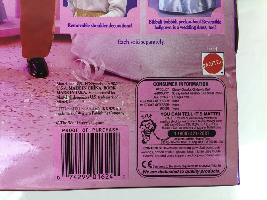 Disney Classics Cinderella Doll With 1st Edition Cinderella Little Little Golden Book Mattel 1624 Vintage 1991 New In Box [Photo 10]