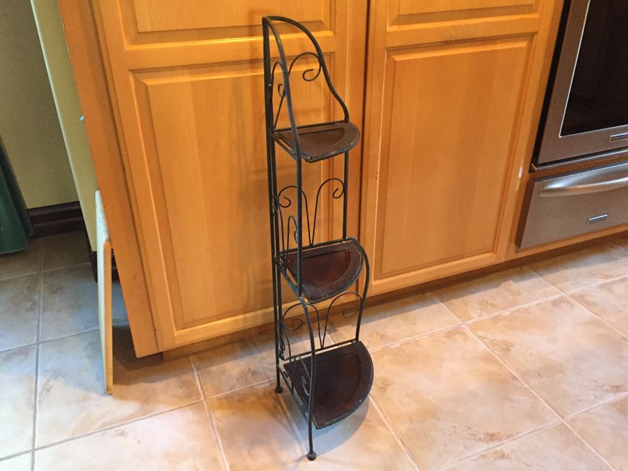 Wrought Iron And Wood Corner Shelving Unit
