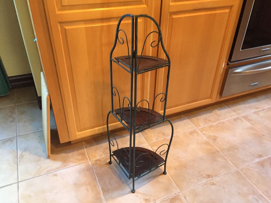 Wrought Iron And Wood Corner Shelving Unit