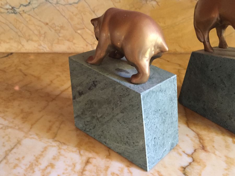 Gatco Bull & Bear Of Wall Street Bookends Green Marble Solid Brass [Photo 10]