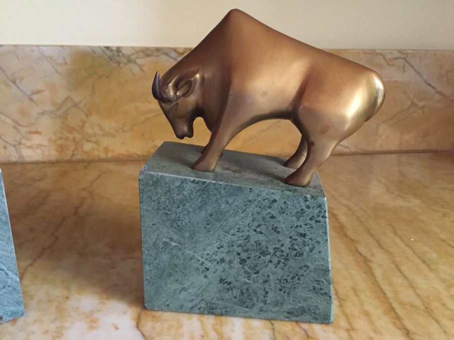 Gatco Bull & Bear Of Wall Street Bookends Green Marble Solid Brass [Photo 3]