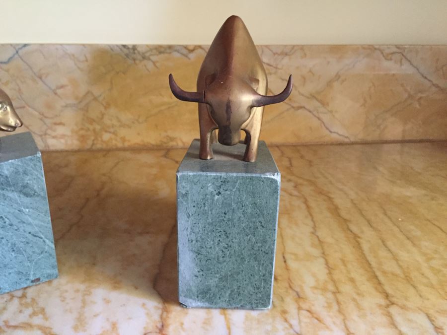 Gatco Bull & Bear Of Wall Street Bookends Green Marble Solid Brass [Photo 4]