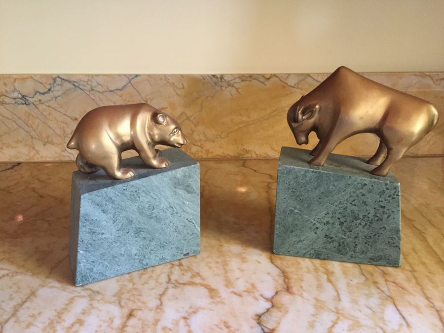 Gatco Bull & Bear Of Wall Street Bookends Green Marble Solid Brass