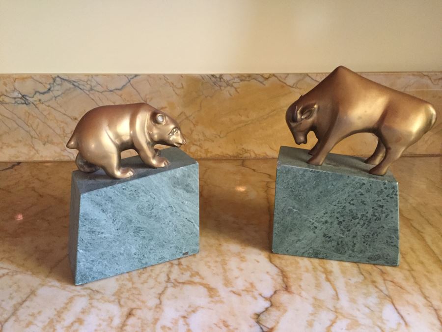 Gatco Bull & Bear Of Wall Street Bookends Green Marble Solid Brass [Photo 1]
