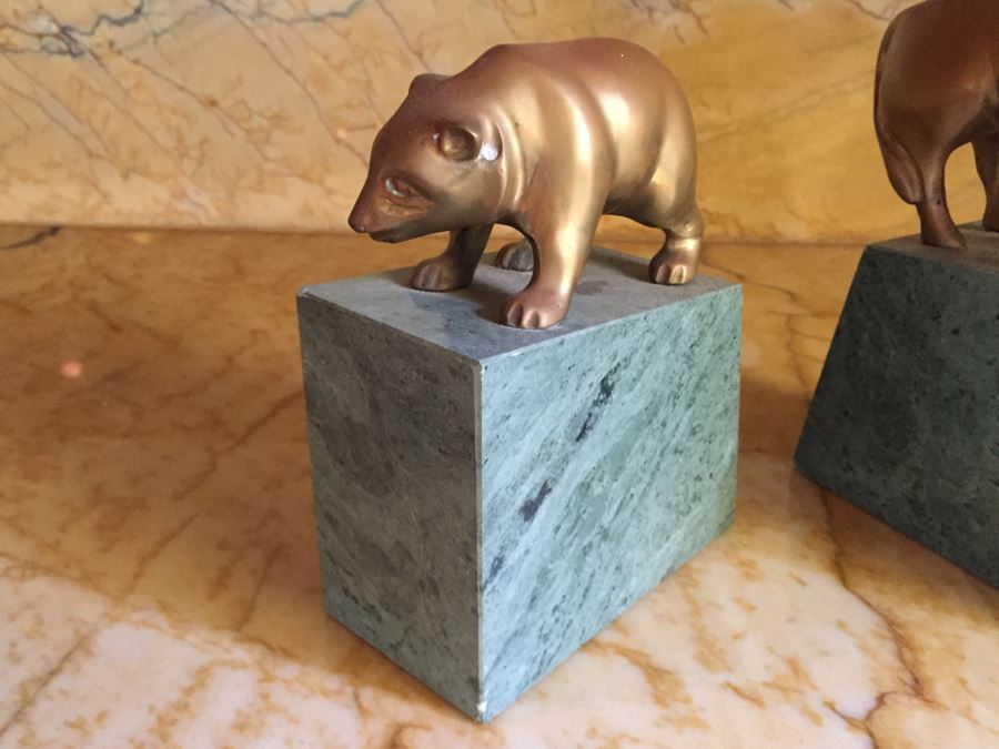 Gatco Bull & Bear Of Wall Street Bookends Green Marble Solid Brass [Photo 9]