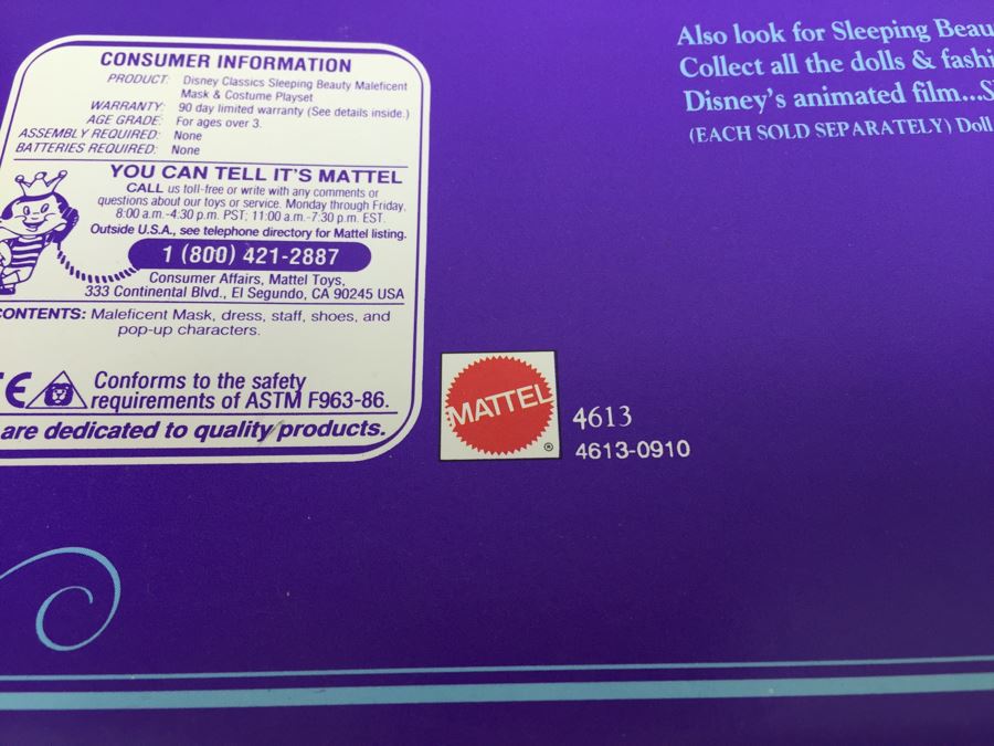 Pair Of Disney Classics Sleeping Beauty Maleficent Mask & Costume Playset Mattel 4613 Plus Sleeping Beauty Peasant Dress Mattel 4614 New In Packaging Vintage 1991 [Photo 10]