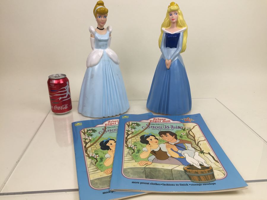 Walt Disney's Snow White And The Seven Dwarfs Snow White Bank + Cinderella Bank + Pair Of Snow White And The Seven Dwarfs Deluxe Paper Doll Golden Books New Old Stock [Photo 1]