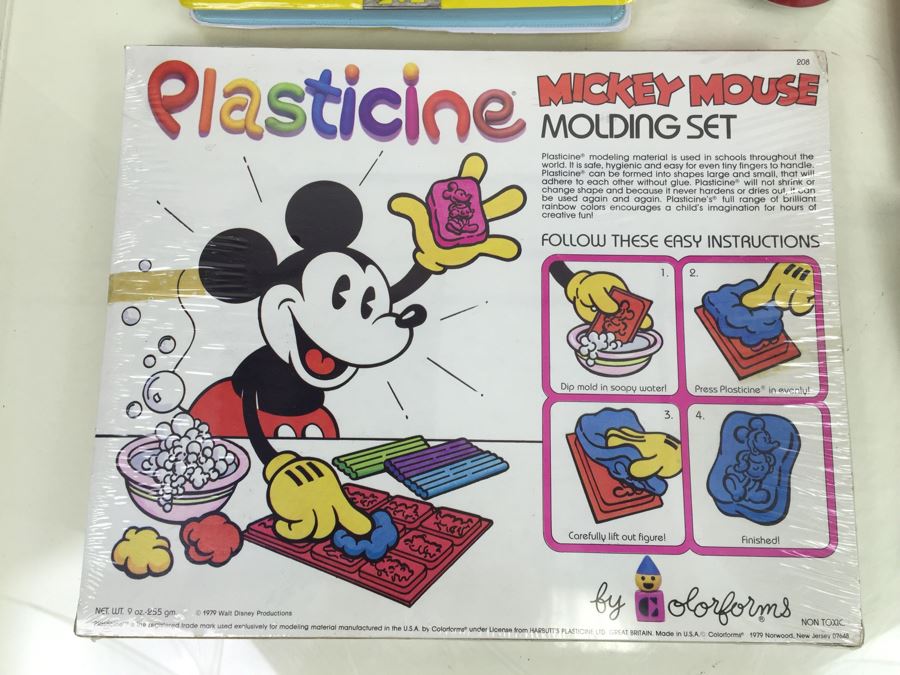 Walt Disney Lot Featuring Plasticine Mickey Mouse Molding Set By Colorforms New Old Stock (Vintage 1979), (6) Mickey Mouse Memo Magnets New On Card And Disney Pencil Case [Photo 8]