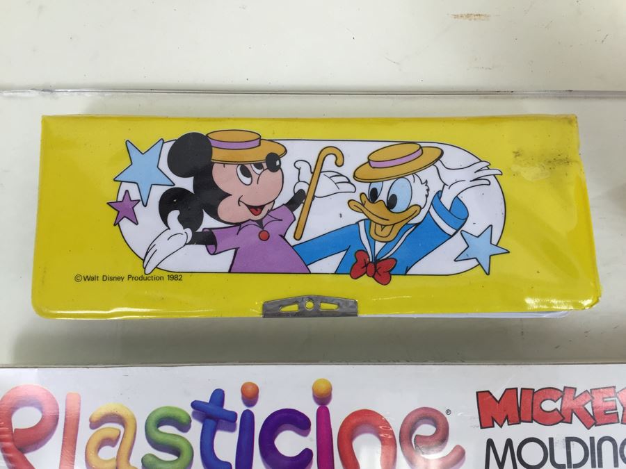 Walt Disney Lot Featuring Plasticine Mickey Mouse Molding Set By Colorforms New Old Stock (Vintage 1979), (6) Mickey Mouse Memo Magnets New On Card And Disney Pencil Case [Photo 16]