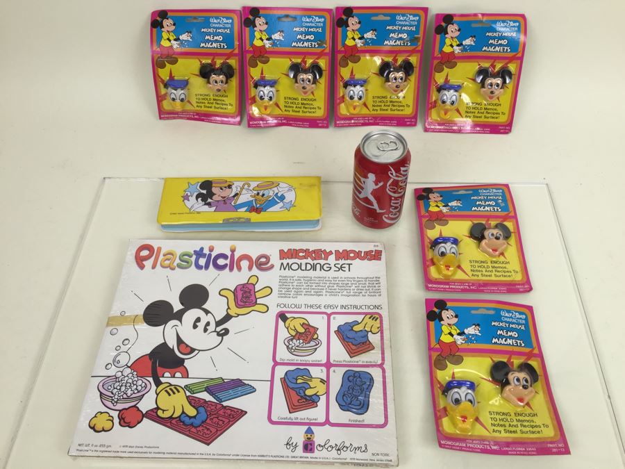 Walt Disney Lot Featuring Plasticine Mickey Mouse Molding Set By Colorforms New Old Stock (Vintage 1979), (6) Mickey Mouse Memo Magnets New On Card And Disney Pencil Case [Photo 18]