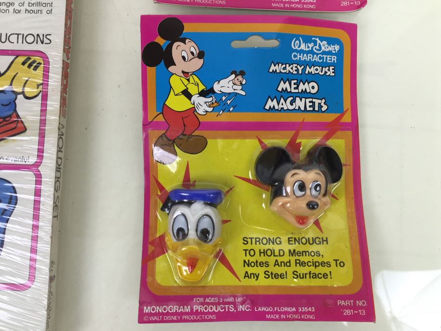 Walt Disney Lot Featuring Plasticine Mickey Mouse Molding Set By Colorforms New Old Stock (Vintage 1979), (6) Mickey Mouse Memo Magnets New On Card And Disney Pencil Case [Photo 3]
