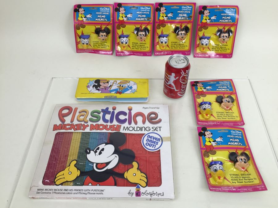 Walt Disney Lot Featuring Plasticine Mickey Mouse Molding Set By Colorforms New Old Stock (Vintage 1979), (6) Mickey Mouse Memo Magnets New On Card And Disney Pencil Case [Photo 1]
