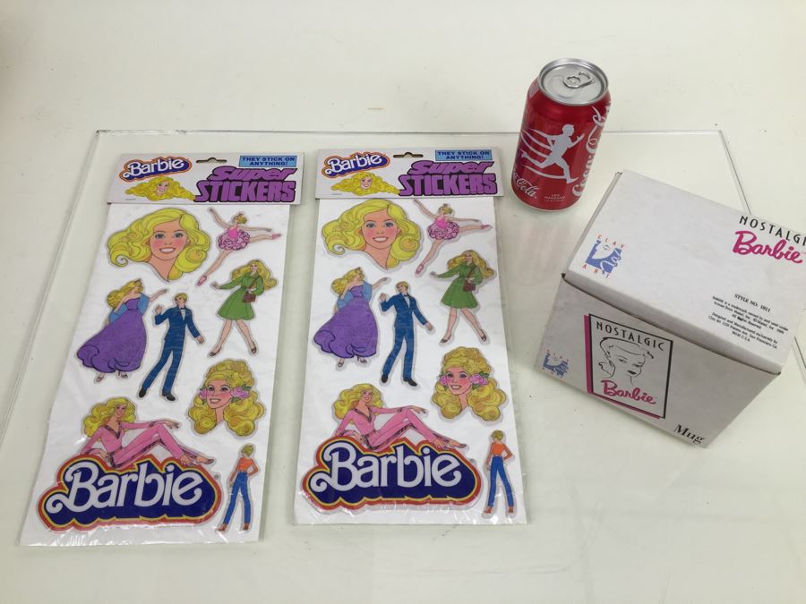 Pair Of Barbie Super Stickers Gordy New In Packaging Vintage 1981 And Nostalgic Barbie Mug By Clay Art Mattel New In Box Vintage 1989 [Photo 1]