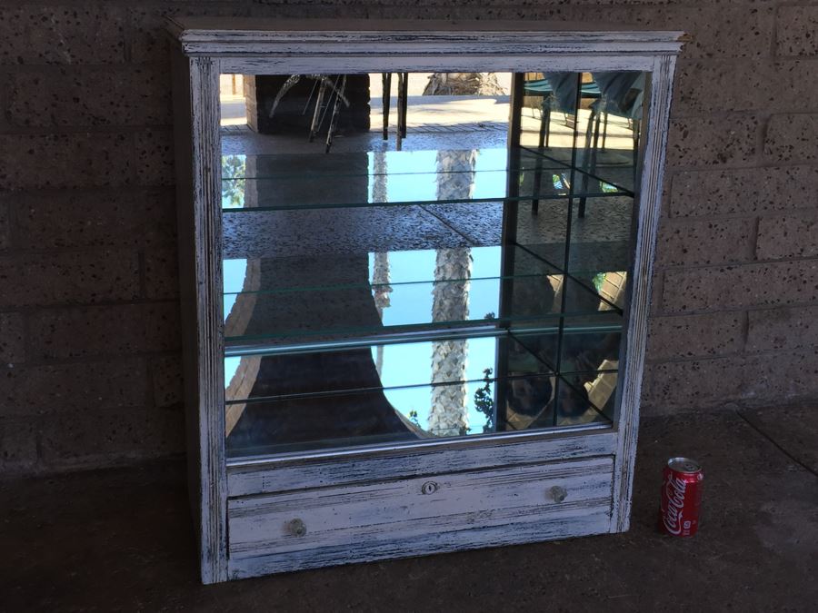 Shabby Chic White Display Cabinet With Glass Shelving, Drawer And Mirrored Sides And Back [Photo 6]