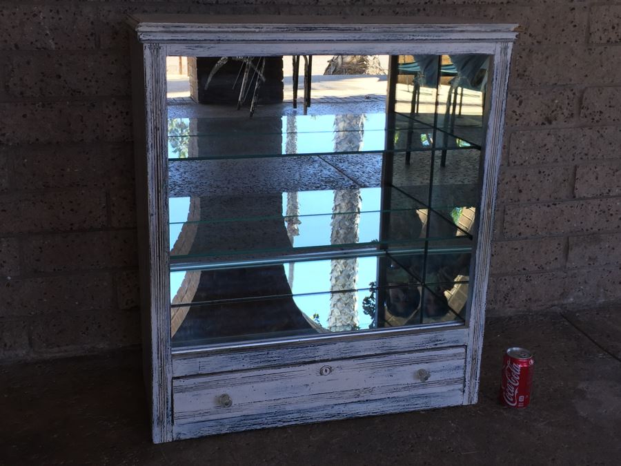 Shabby Chic White Display Cabinet With Glass Shelving, Drawer And Mirrored Sides And Back