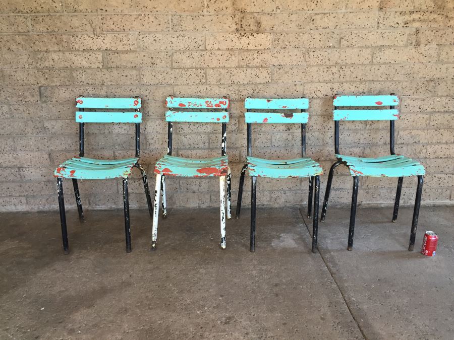 Set Of 4 Painted Metal Shabby Chic Distressed Chairs
