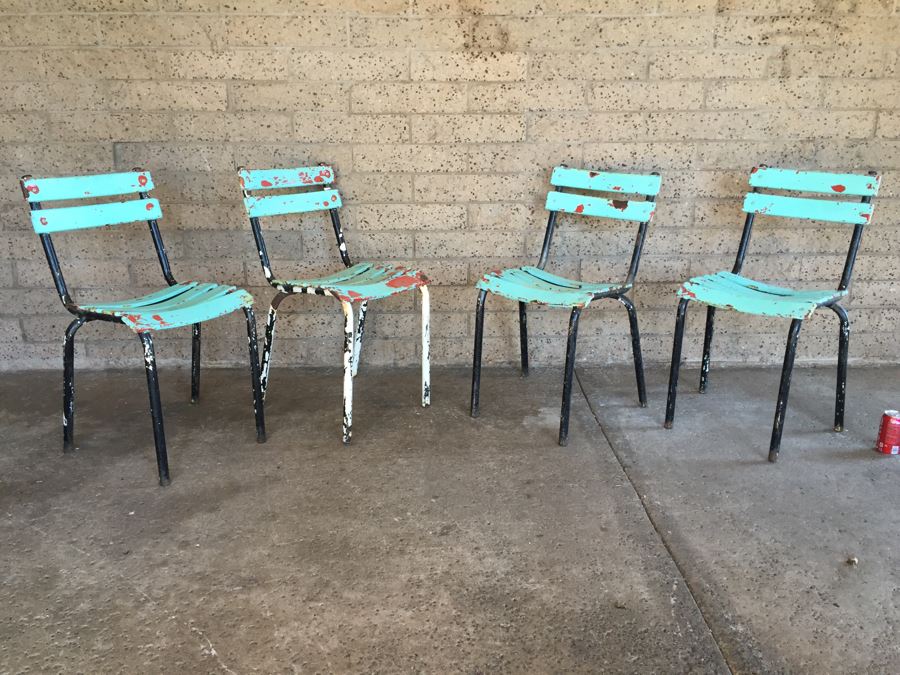 Set Of 4 Painted Metal Shabby Chic Distressed Chairs [Photo 2]