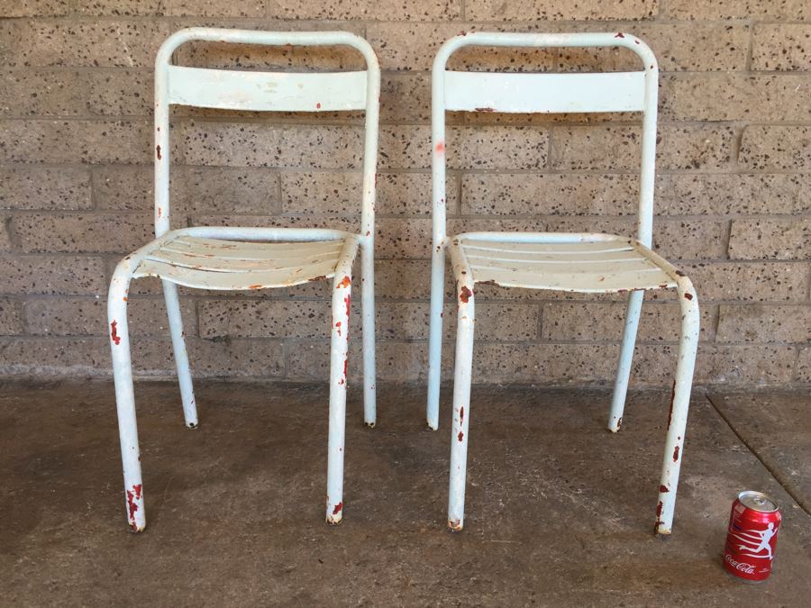 Pair Of Vintage Shabby Chic Metal Painted White Chairs [Photo 3]