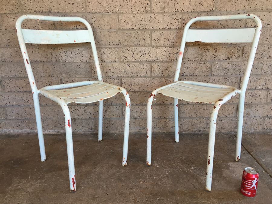 Pair Of Vintage Shabby Chic Metal Painted White Chairs