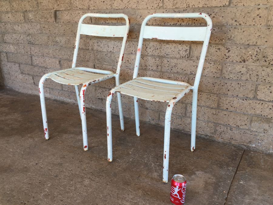 Pair Of Vintage Shabby Chic Metal Painted White Chairs [Photo 5]