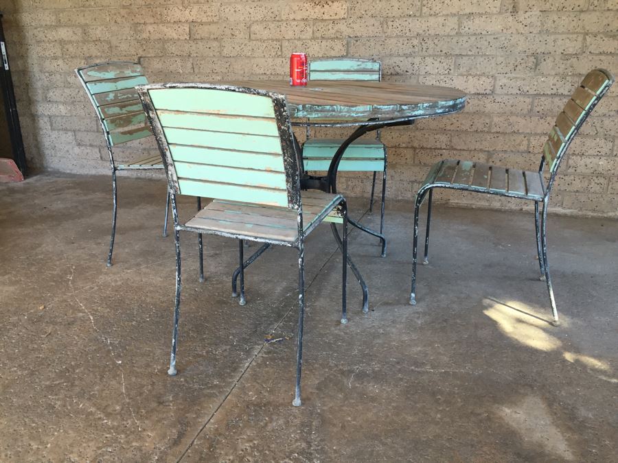 Vintage Metal And Wood Round Patio Garden Table With Four Chairs [Photo 4]