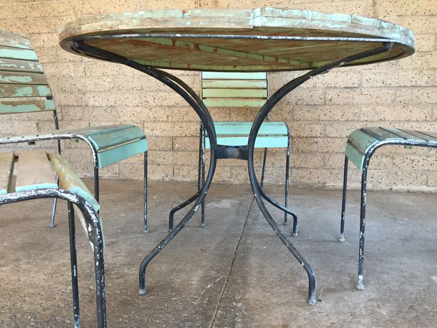 Vintage Metal And Wood Round Patio Garden Table With Four Chairs [Photo 6]