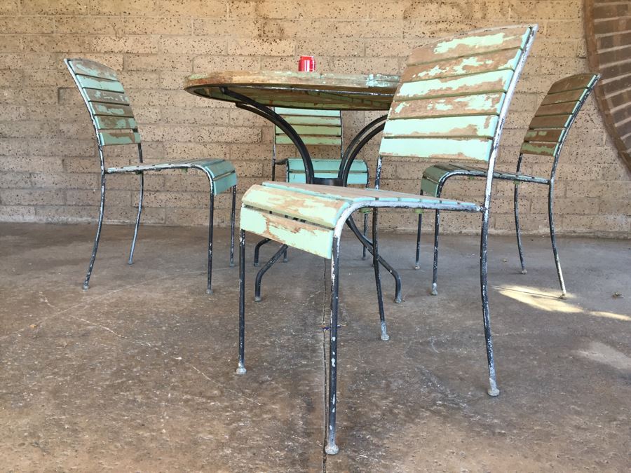 Vintage Metal And Wood Round Patio Garden Table With Four Chairs [Photo 13]