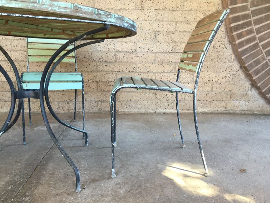 Vintage Metal And Wood Round Patio Garden Table With Four Chairs [Photo 7]