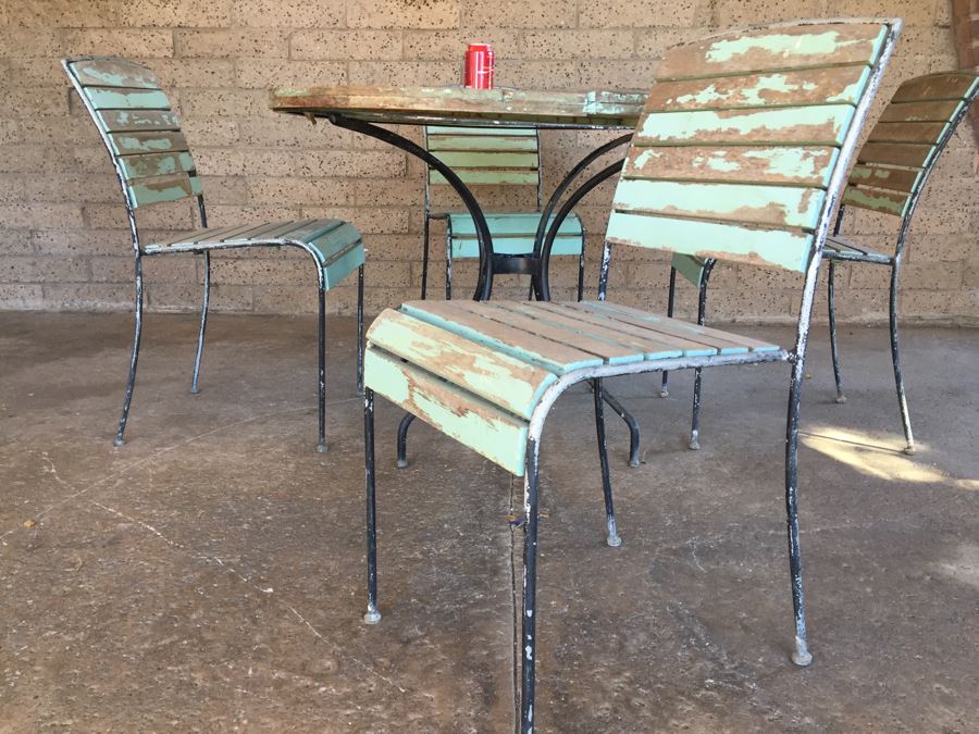Vintage Metal And Wood Round Patio Garden Table With Four Chairs [Photo 3]