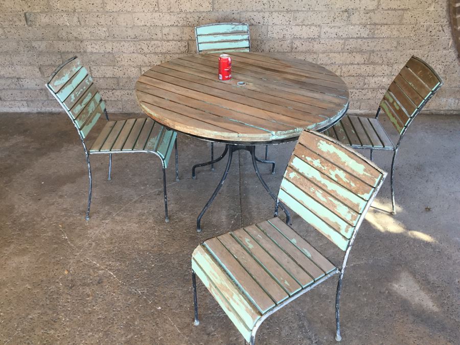 Vintage Metal And Wood Round Patio Garden Table With Four Chairs [Photo 15]