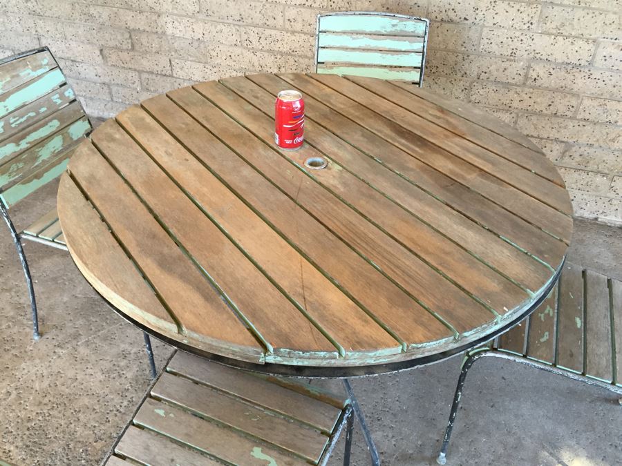 Vintage Metal And Wood Round Patio Garden Table With Four Chairs [Photo 5]