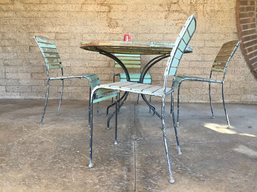 Vintage Metal And Wood Round Patio Garden Table With Four Chairs [Photo 12]