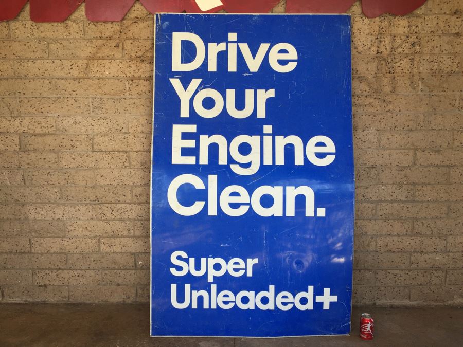 'Drive Your Engine Clean Super Unleaded+' Mobil/Exxon Gas Blue Sign Single Sided [Photo 1]