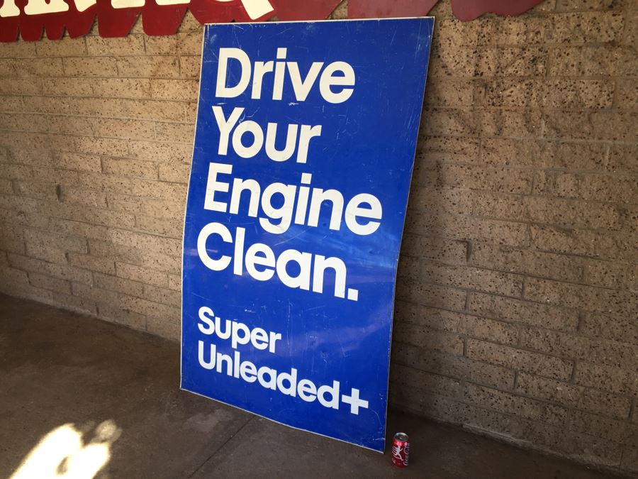 'Drive Your Engine Clean Super Unleaded+' Mobil/Exxon Gas Blue Sign Single Sided [Photo 5]