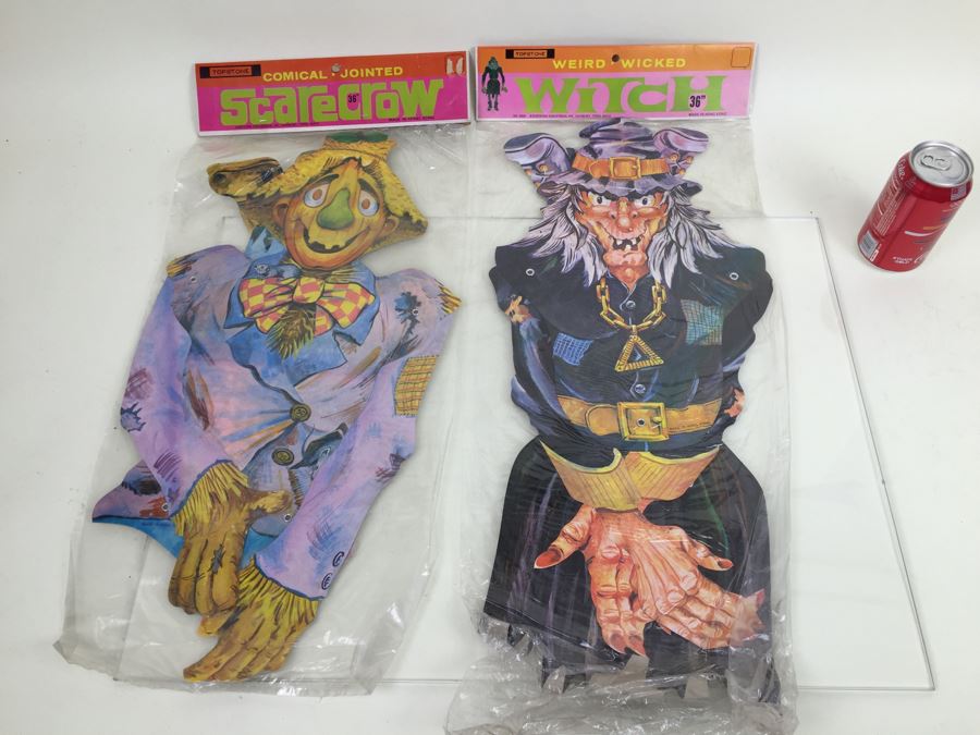 Vintage Comical Jointed Scarecrow And Weird Wicked Witch Halloween Decorations New In Packaging From Topstone