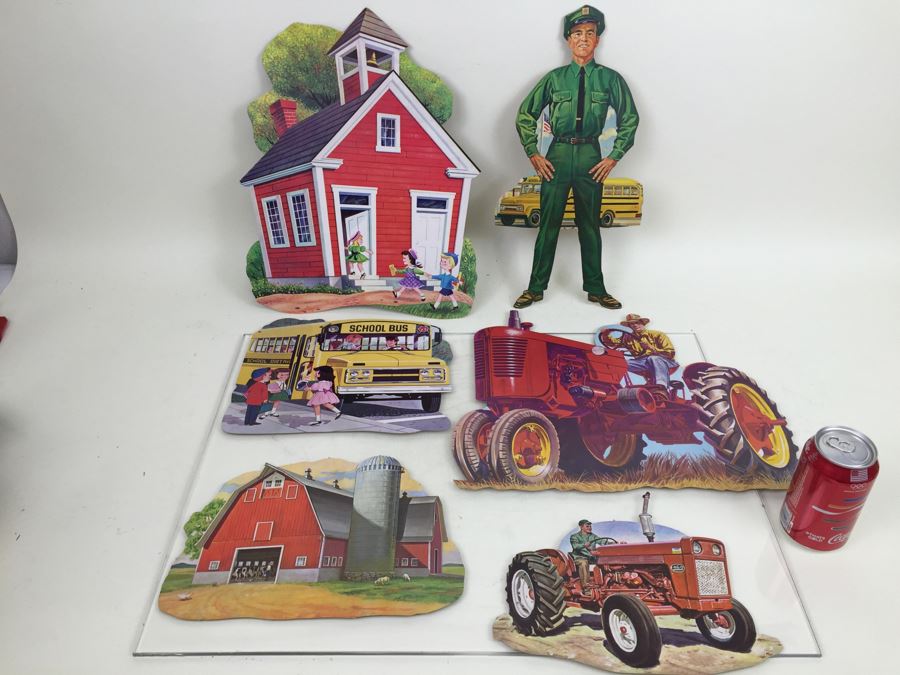 Vintage School Cut Outs: Bus, Tractor, Farmer, Barn And Schoolhouse