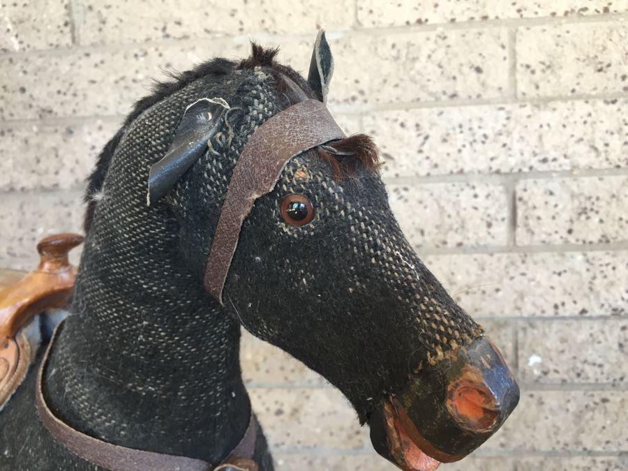 Early Straw Filled Cloth And Wood Black Rocking Horse With Leather Saddle [Photo 2]