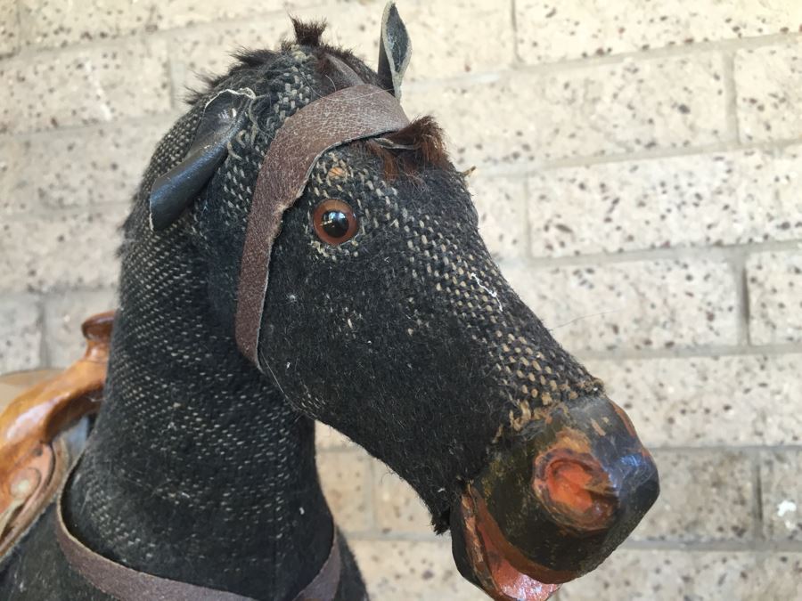 Early Straw Filled Cloth And Wood Black Rocking Horse With Leather Saddle [Photo 5]